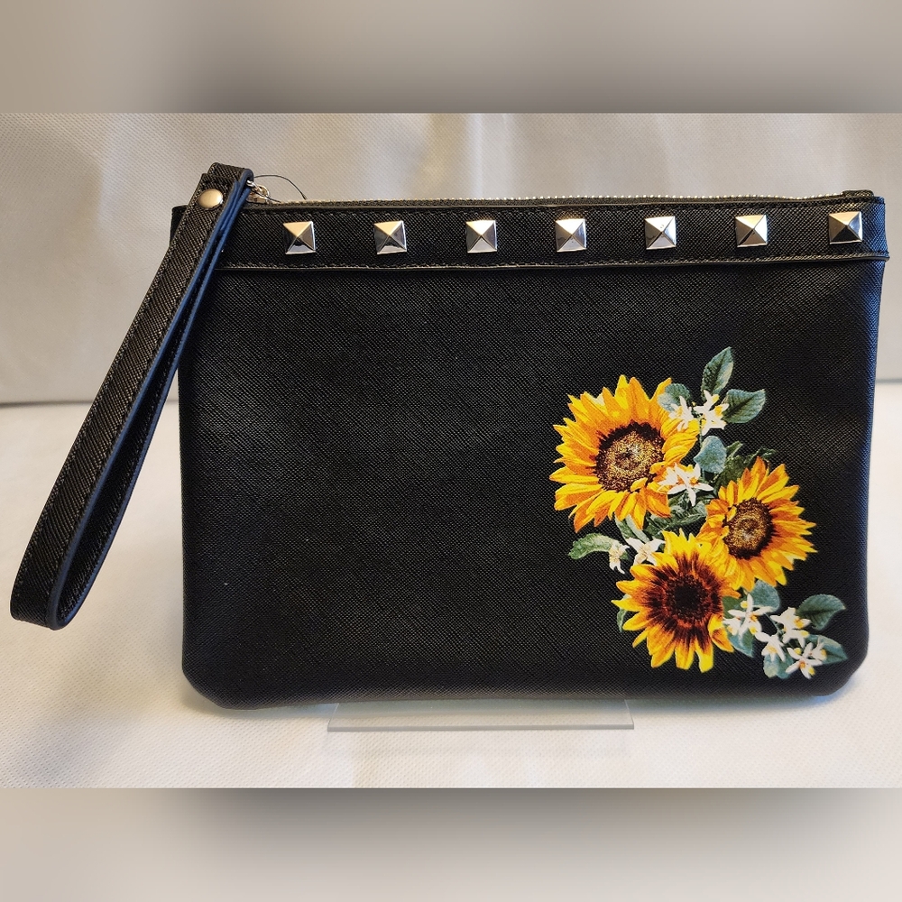 NWT WHBM White House Black Market Faux Leather Clutch Wristlet Sunflower